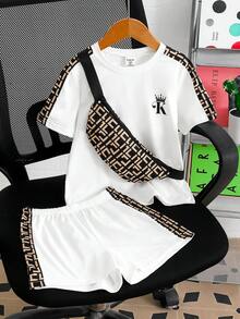 2件套男童休闲撞色短袖圆领T恤和短裤套装，含斜挎包，适合日常休闲户外活动，春夏款 - 白色 - 查看 1