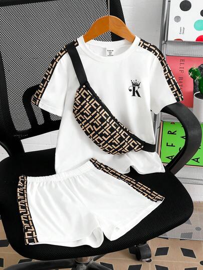 2件套男童休闲撞色短袖圆领T恤和短裤套装，含斜挎包，适合日常休闲户外活动，春夏款