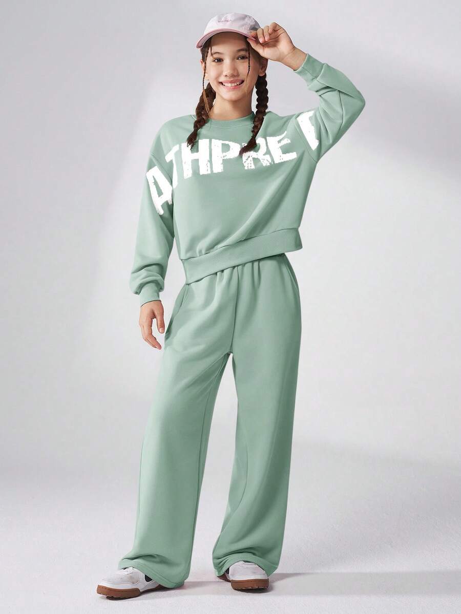 JNSQ Tween Girls 2pcs Outfit, Loose Fit Crew Neck Long Sleeve Graphic Letter Print Sweatshirt Top And Relaxed Fit Sweatpants Set, Autumn/Winter - Green - View 1