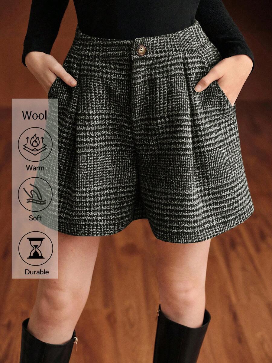 Uhlyne 女士休闲、通勤、社交、职场格子短裤，带口袋，秋冬款