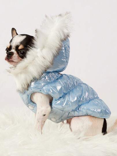 PETSIN 1 pieza Chaqueta de mascota de estilo casual de terciopelo grueso de 3 capas, cálida y a prueba de viento, con hebilla de tracción de perla azul, adecuada para perros pequeños y medianos, para otoño e invierno