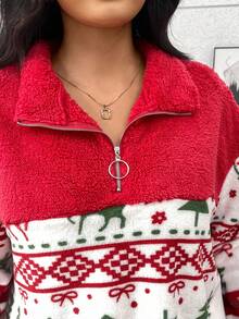 SHEIN LUNE 加大码立领半拉链豹纹抓绒卫衣 – 红色休闲女式上衣，新年和圣诞节的完美之选 - 彩色 - 查看 7