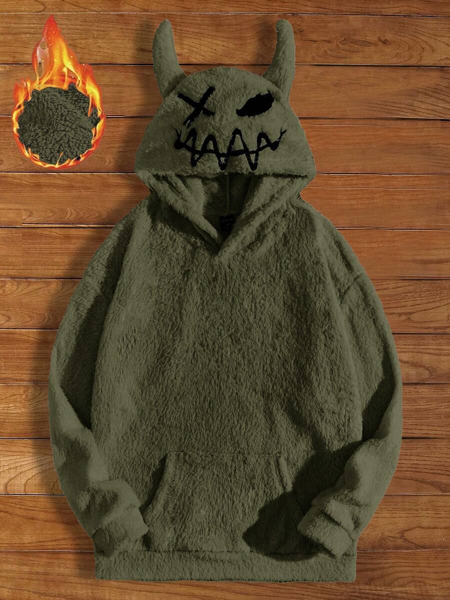 Manfinity NXTstreet 男士卡通刺绣3D耳朵设计泰迪熊连帽衫 - 軍綠色 - 查看 1