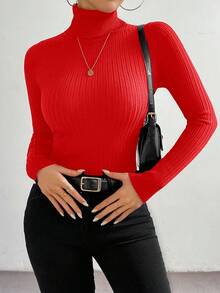 SHEIN LUNE 女士基本款简约高领长袖毛衣 - 紅色 - 查看 3