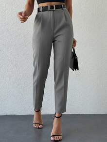 Women Creased Straight Leg Trousers With Slanted Pockets - Grey - View 4