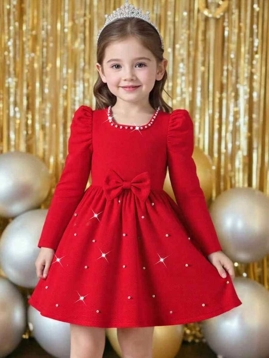 Váy chữ A tay bồng cổ tròn đính hạt màu đỏ cho bé gái, thích hợp cho dịp năm mới, tiệc tùng, mùa thu/xuân/đông, giáng sinh - Đỏ - Xem 1