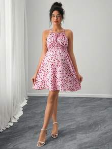 SHEIN 女士夏季收腰孕妇度假约会碎花无袖吊带连衣裙 - 粉色 - 查看 6