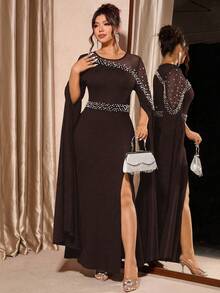 Cravure Damen Große Größen Rundhals Langarm Glänzend Perle Mesh Elegantes Schlitz Kleid, geeignet für Party, Bankett, Herbst/Winter - Braun - Übersicht 6