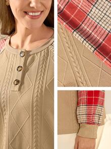 Momelise Plus Size Jacquard Plaid Patchwork Crew Neck Pullover Loose Casual Sweatshirt For Women - Khaki - View 8