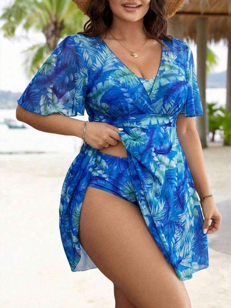 Swim Lushoire 大码女式热带植物印花荷叶袖泳衣连衣裙，配三角泳裤 - 藍色 - 查看 1