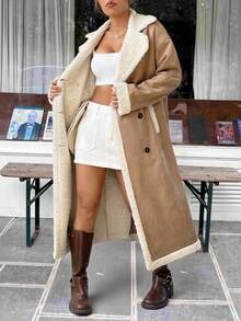 SHEIN EZwear 女士棕色格子绒面翻领双排扣大衣，秋冬款 - 卡其色 - 查看 3