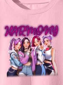 SHEIN 2件套少女休闲简约英文字母动漫图案粉色短袖圆领T恤和黑色喇叭裤，可爱卡通趣味时尚女童套装，适合所有季节 - 彩色 - 查看 7