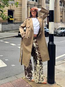 SHEIN EZwear 女士休闲系腰长袖风衣，秋冬款 - 卡其色 - 查看 4