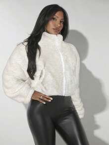 SHEIN SXY 女士白色长袖外套，带拉链口袋，秋冬服装 - 白色 - 查看 5