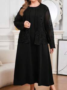 Modelyn Conjunto de 2 piezas de chaqueta y vestido de malla bordada elegante para fiesta de talla grande - Negro - Ver 3