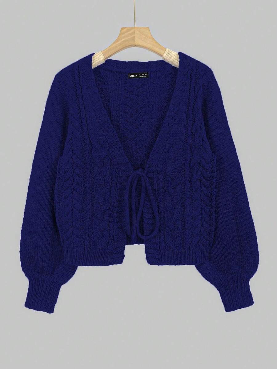 SHEIN Unity Casual Solid Color Lace-Up Cardigan, Autumn/Winter - Blue - View 1