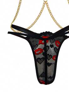 2pcs Women Lips Pattern Lace Chain Sexy Lingerie Set (Wire Free+Briefs), Baddie Look - Black - View 4