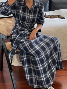 Livesso Women's Casual Plaid Loose Shirt And Straight Skirt Two Pieces Set, Fashion Vacation Street Style, Suitable For Autumn And Spring - Blue - View 6