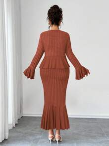 Elenzga 大码女装两件套，高弹针织宽条纹纹理面料，收腰设计，喇叭袖，鱼尾裙摆，优雅适合外出、下午茶、通勤等场合，时尚舒适，大码，深灰色，秋冬长袖连衣裙两件套 - 摩卡棕 - 查看 2