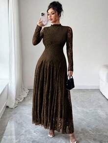 Modelyn Women's Lace Trim Mock Neck Waist Cinched Slim Fit Dress - Brown - View 3