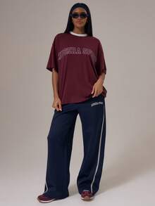 Musera Sport 运动超大印花标语T恤 冬季运动服 运动健身房锻炼 夏季 - 酒紅色 - 查看 4