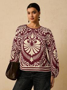 Travachic 大码女式印花宽松长袖衬衫，休闲秋季图案上衣 - 酒紅色 - 查看 5