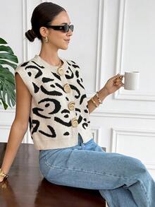 Serisse Women's French Casual Leopard Print Sleeveless Button-Down Knit Top With Metal Buttons,Spring Outfit Women,Summer Outfits,Going Out Tops For Women,Cheetah Print, - Multicolor - View 3