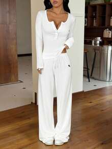 SHEIN EZwear New Autumn All White Women's White Knit Fitted Long Sleeve Top And Drawstring Waist Long Pants Casual Daily 2-Piece Set Two Pieces White Set Women White 2 Pieces Outfit Comfortable Two Pieces Set Casual 2 Pieces Set Two Pieces Set Women - White - View 2