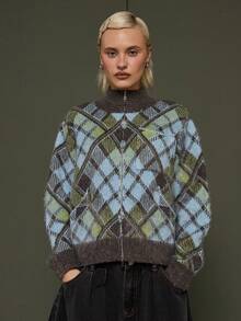 COUREZ Maglione con chiusura lampo e collo alto a quadri/Maglione da donna in stile Y2K per l'inverno, caldo e morbido, in maglia casual, adatto per uscire, per feste e Capodanno