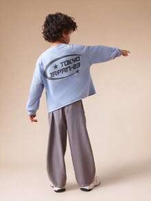 SUMWON 男童华夫格针织长袖上衣搭配直筒裤两件套休闲套装，东京日本印花设计