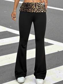 SHEIN EZwear 時尚休閒豹紋拼接喇叭褲，折疊腰身設計 - 黑色 - 查看 1