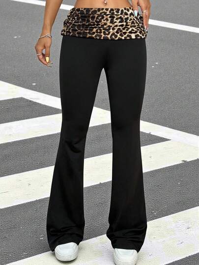 SHEIN EZwear 時尚休閒豹紋拼接喇叭褲，折疊腰身設計