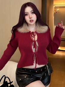 Dazy Plus Áo khoác cardigan co giãn màu trơn, bó sát, buộc dây phía trước, cổ lông nhân tạo, màu đỏ rượu, thích hợp cho năm mới, Giáng sinh, mùa thu/đông - Màu Đỏ Sâu - Xem 6