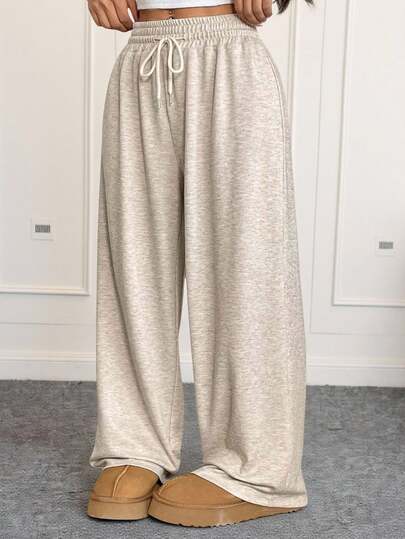 CovetEZ Plus Size Women's Solid Color Drawstring Waist Wide Leg Casual Sweatpants
