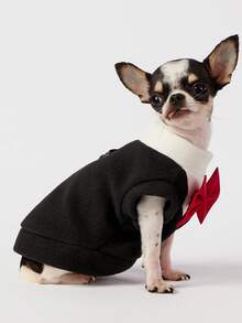 PETSIN 1件宠物大狗金色毛发秋冬新款柯基猫套装宠物连衣裙猫咪服装狗狗用品，黑色背心酒红色领结 - 黑色 - 查看 2