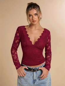 SHEIN BAE 秋冬纯白性感蕾丝长袖露背上衣，性感露背上衣，秋季上衣，露背打底衫，外套，秋季女装，复古富贵，性感简约女式上衣，适合派对、鸡尾酒会、正式场合、生日上衣 - 酒紅色 - 查看 2