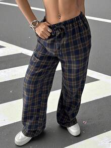 SHEIN EZwear 格纹印花抽绳腰带斜口袋宽松休闲阔腿裤