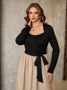 Roveilla 大码女式针织开衫连衣裙，长袖波点网纱蝴蝶结腰部修身撞色优雅法式风格 - 棕色 - 查看 5