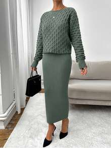 EURMUSE Women's Autumn/Winter Batwing Sleeve Sweater And Sleeveless Fitted Knit Dress Elegant 2-Piece Set - Mint Green - View 6