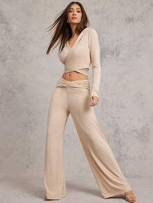L'Amorae Pantalones de punto de pierna recta con detalle de torsión, cómodos y casuales para la primavera - Caqui - Ver 3