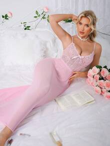 SHEIN 两件套：蕾丝撞色网纱无钢圈性感连体衣+迷你裙 - 粉色 - 查看 4