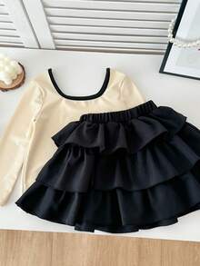 Genkimix Kids 2件套女童蝴蝶结印花休闲时尚船领T恤+纯色休闲时尚蛋糕裙 - 杏色 - 查看 7