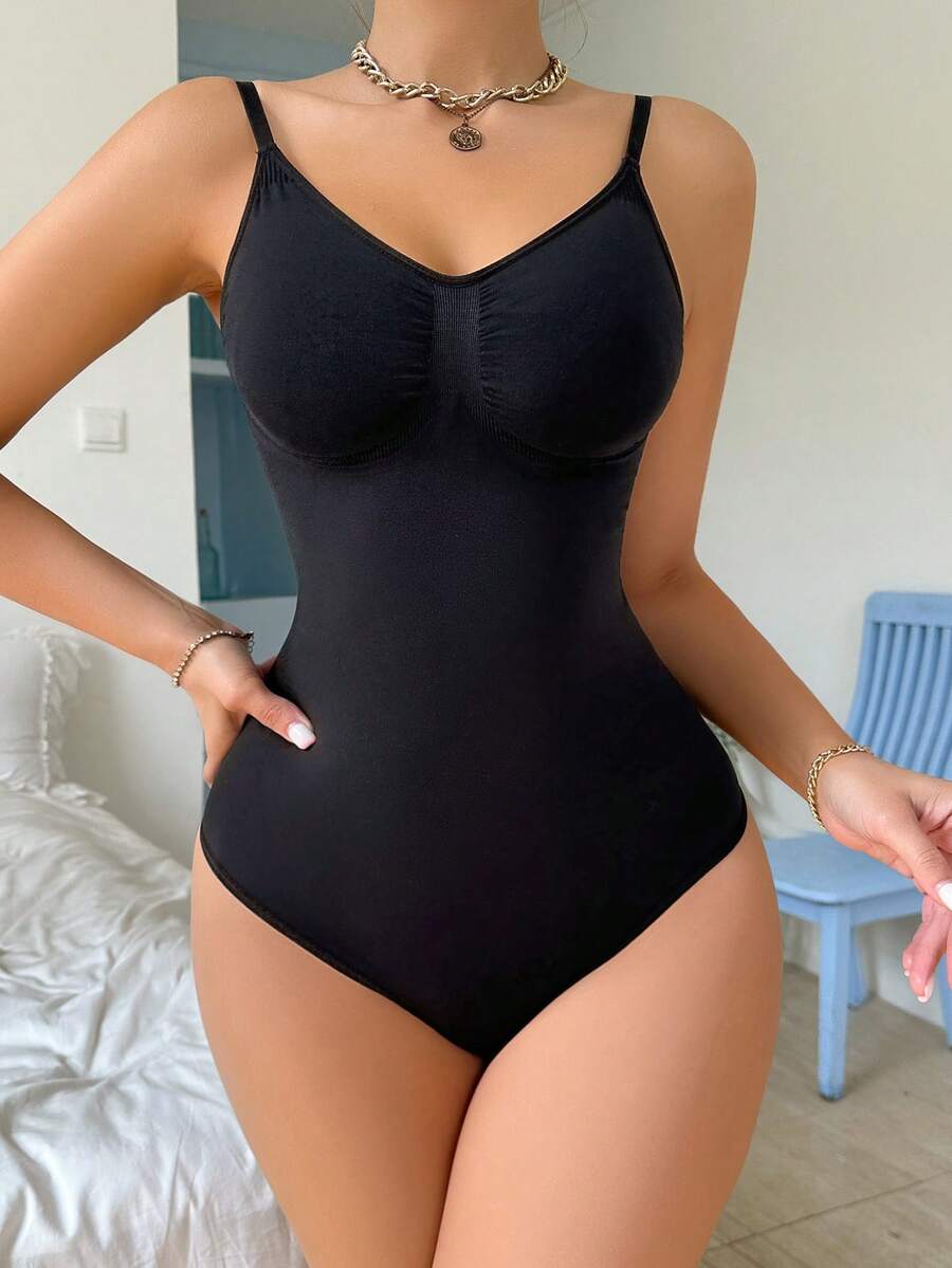 Women's Black High Stretch Plain Backless Thong Bodysuit Romantic Vintage Shapewear Tank Top With Bra