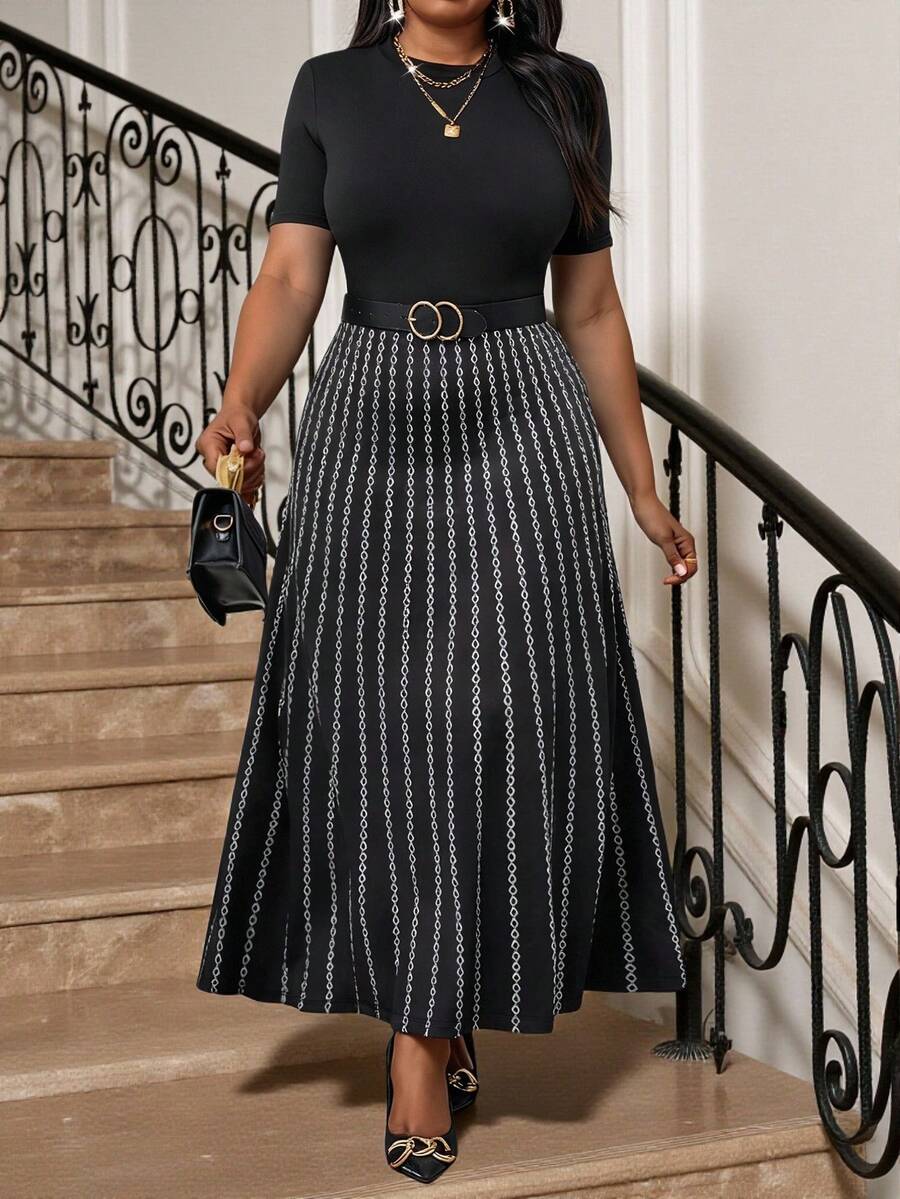 Fleurora 大码条纹印花圆领优雅短袖连衣裙 - 黑與白 - 查看 1