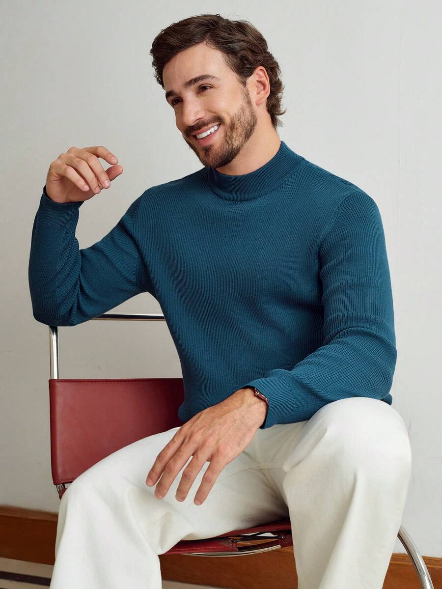 Manfinity CityGents Men's Casual Solid Color Crew Neck Ribbed Knit Sweater, Autumn/Winter - Dusty Blue - View 1