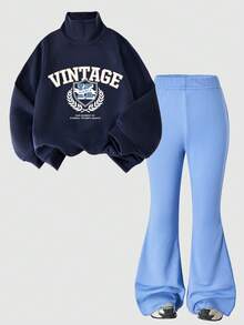 SHEIN 2pcs Girls Casual Outdoor Loose Round Neck Long Sleeve Top And Flared Leggings Set - Multicolor - View 4