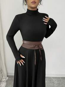 SHEIN Elenzya Women's Luxury Solid Color Long Knit Dress, Half-High Collar Design Slim Fit, Waist Belt Decor Slimming, Retro Elegant Dress, Suitable For Daily, Date, Dinner, Couple Matching, Autumn/Winter Inner Layer, Spring Outer Layer - Black - View 5