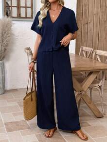 EMERY ROSE Women's Vacation Casual Solid Color Shirt And Pants 2 Pieces Set Navy Blue Set Pant Suit Summer Sets Linen Two Piece Set Casual Jumpsuit Navy Blue Jumpsuit Women's Summer Set Casual Sets For Women Casual Women Outfits Summer Outfits Vacation - Navy Blue - View 8