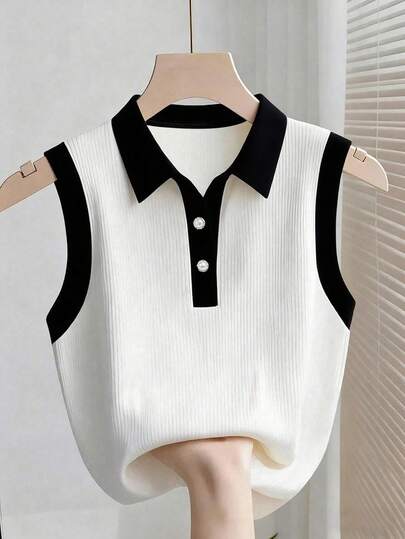 Franclia 女士休闲百搭撞色无袖上衣 黑白撞色上衣 夏季上衣 女式上衣 可爱学院风上衣 夏季针织衫 无袖Polo衫 女士针织衫 夏季上衣 女士针织衫