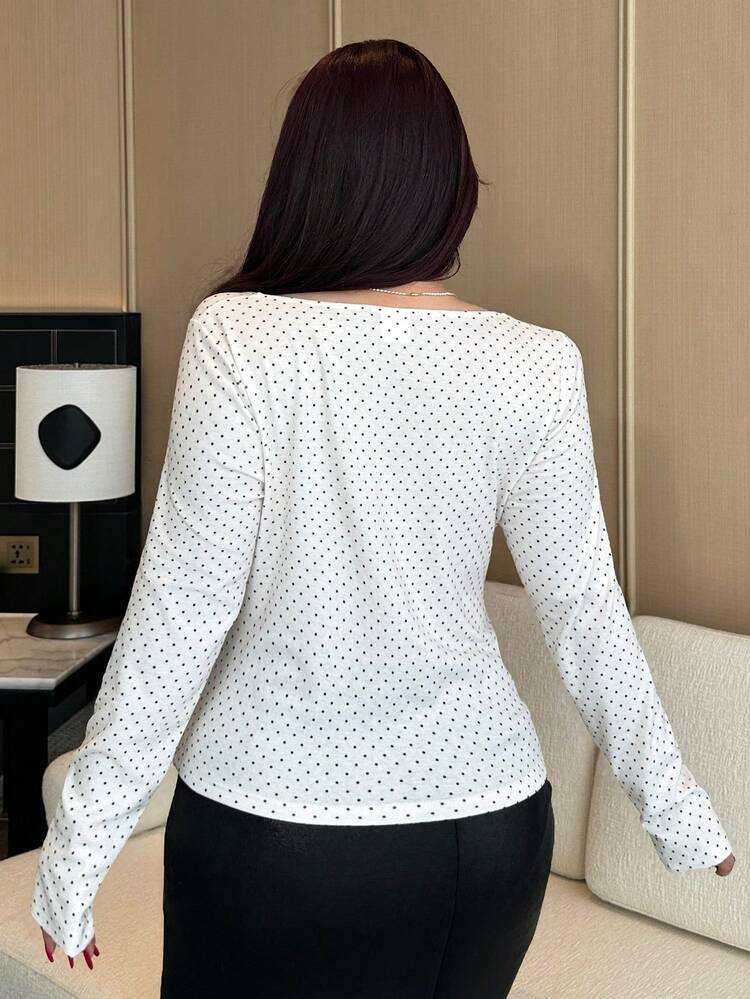 Plus Size Women Elastic Fitted Lace Polka Dot Patchwork Elegant Long Sleeve T-Shirt, Spring/Autumn